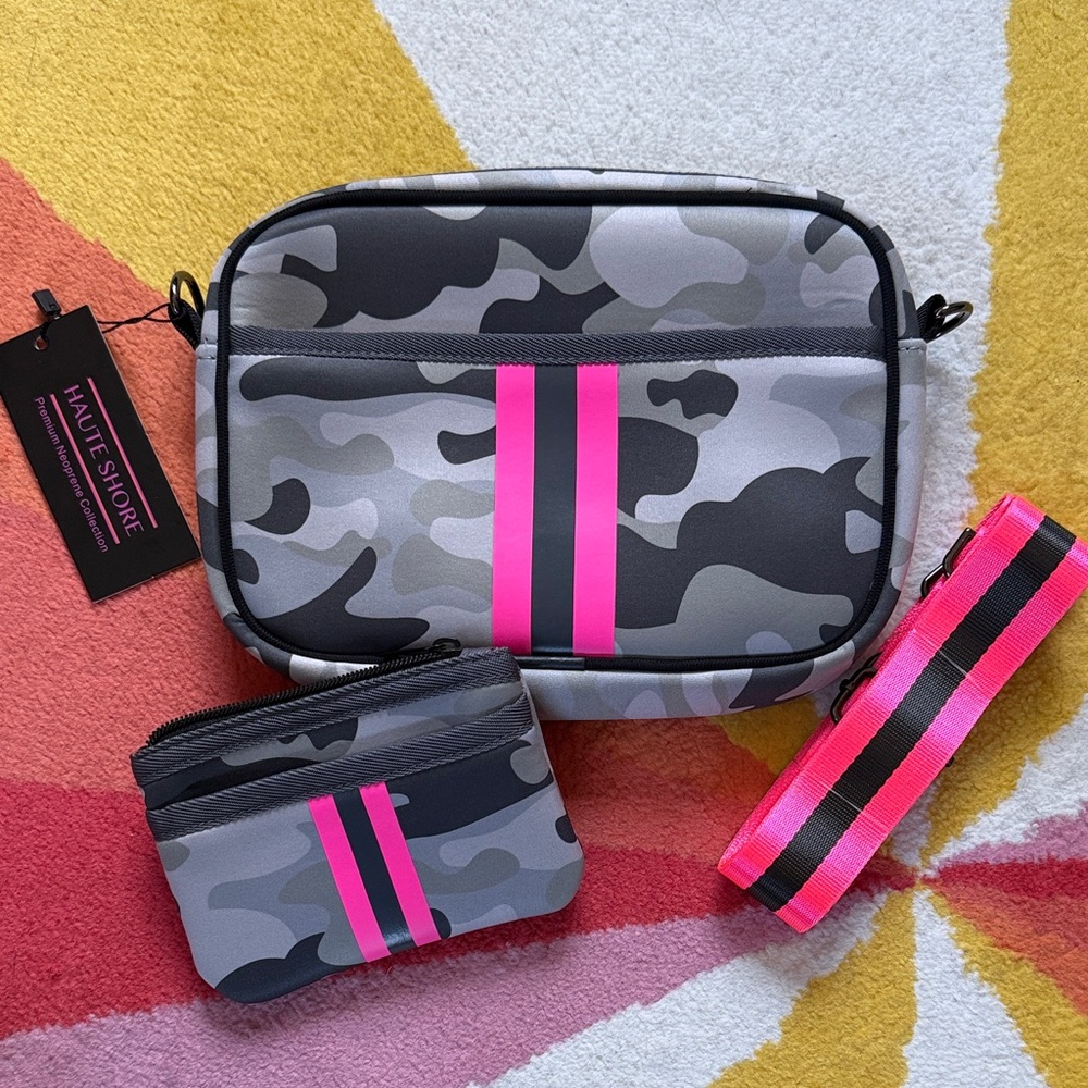 NWT HAUTE SHORE Camo Crossbody Bag with Pink Stripes